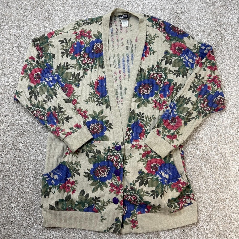 Vintage Lori Of California Cardigan Sweater Womens XL Beige Floral Knit Pockets